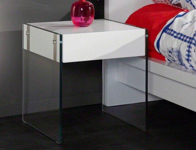 WHITE LABEL - Table de chevet-WHITE LABEL-QUARTZ table basse laquée blanc brillant et verre 