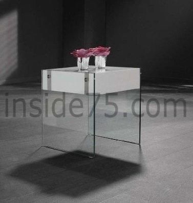 WHITE LABEL - Table de chevet-WHITE LABEL-QUARTZ table basse laquée blanc brillant et verre 